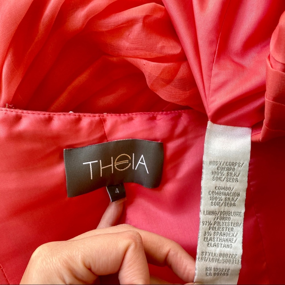Theia 4/6 Silk Short Gathered Party Dress Coral - Picture 5 of 8